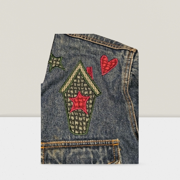 HAIKS Vintage Barn Denim Jean Jacket Appliqués Womens Size Small Birdhouses - Picture 8 of 11